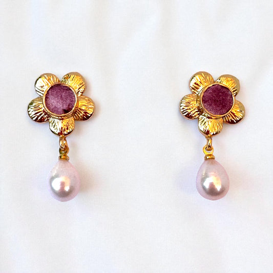 Purple Agate & Pearl Flower Drop Earrings