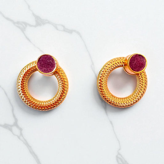 Purple Agate Gold Circle Earrings