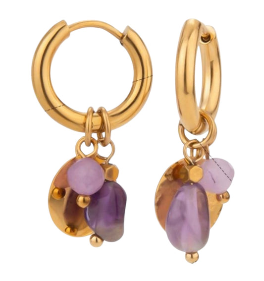 Dainty Circle Charm & Double Amethyst Hoop Earrings