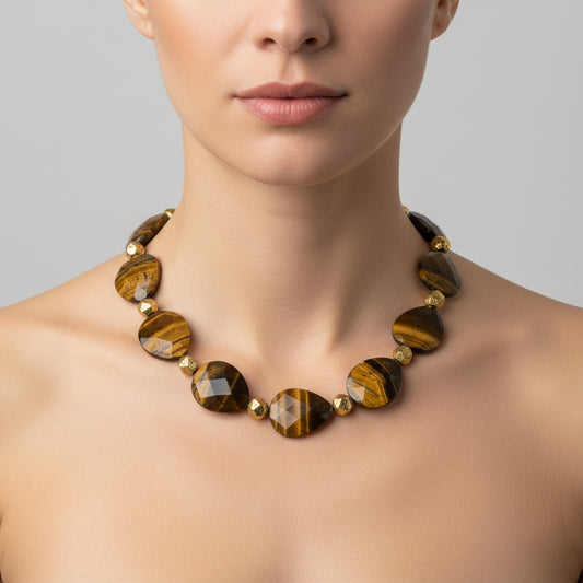 Large Tigger Eye Flat Bead Necklace