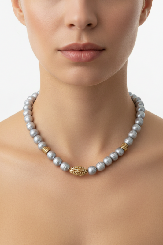 Gray Pearl & Gold Bead Classic Necklace