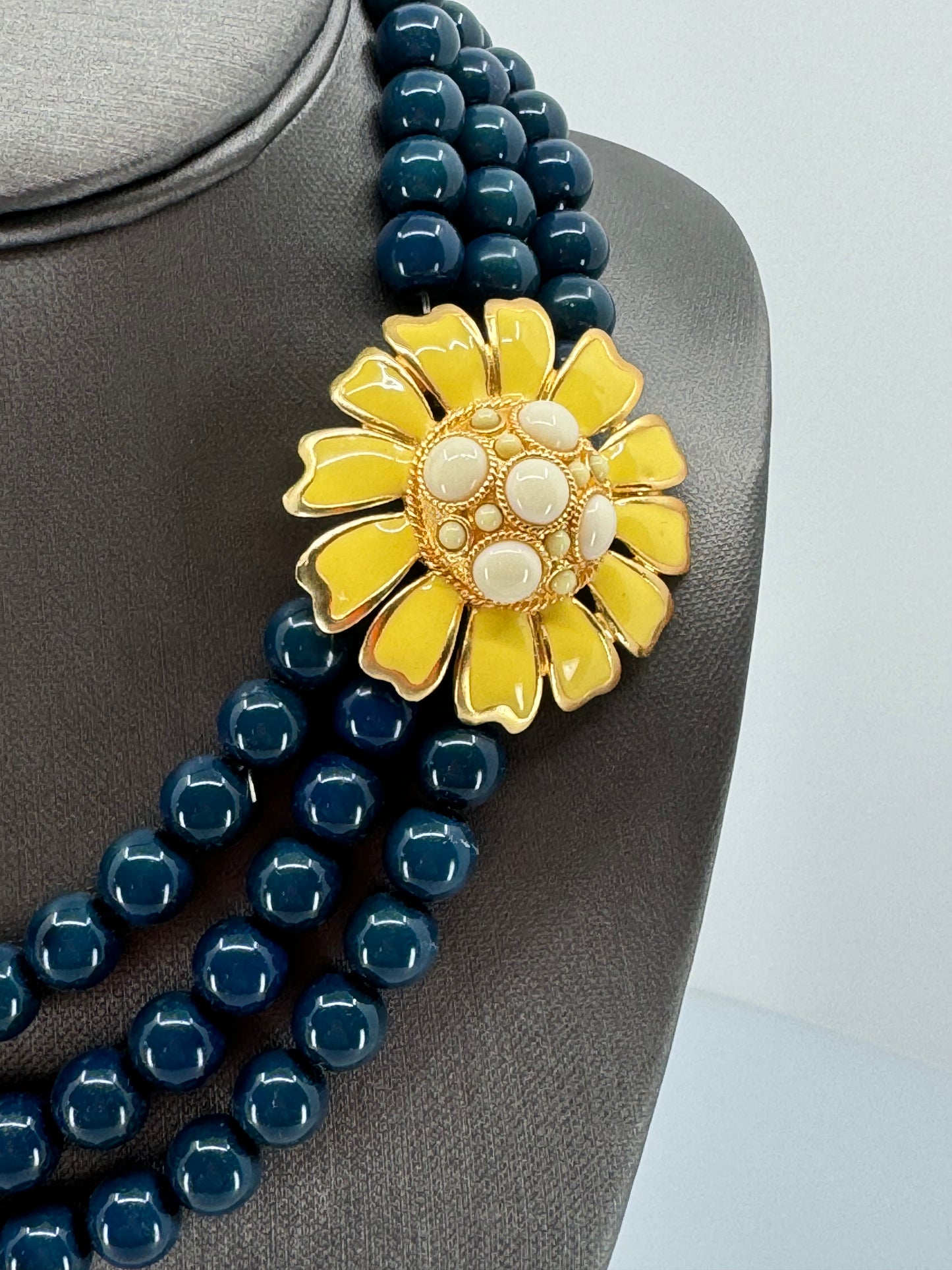 Navy Blue Beads & Yellow Enamel Flower Necklace