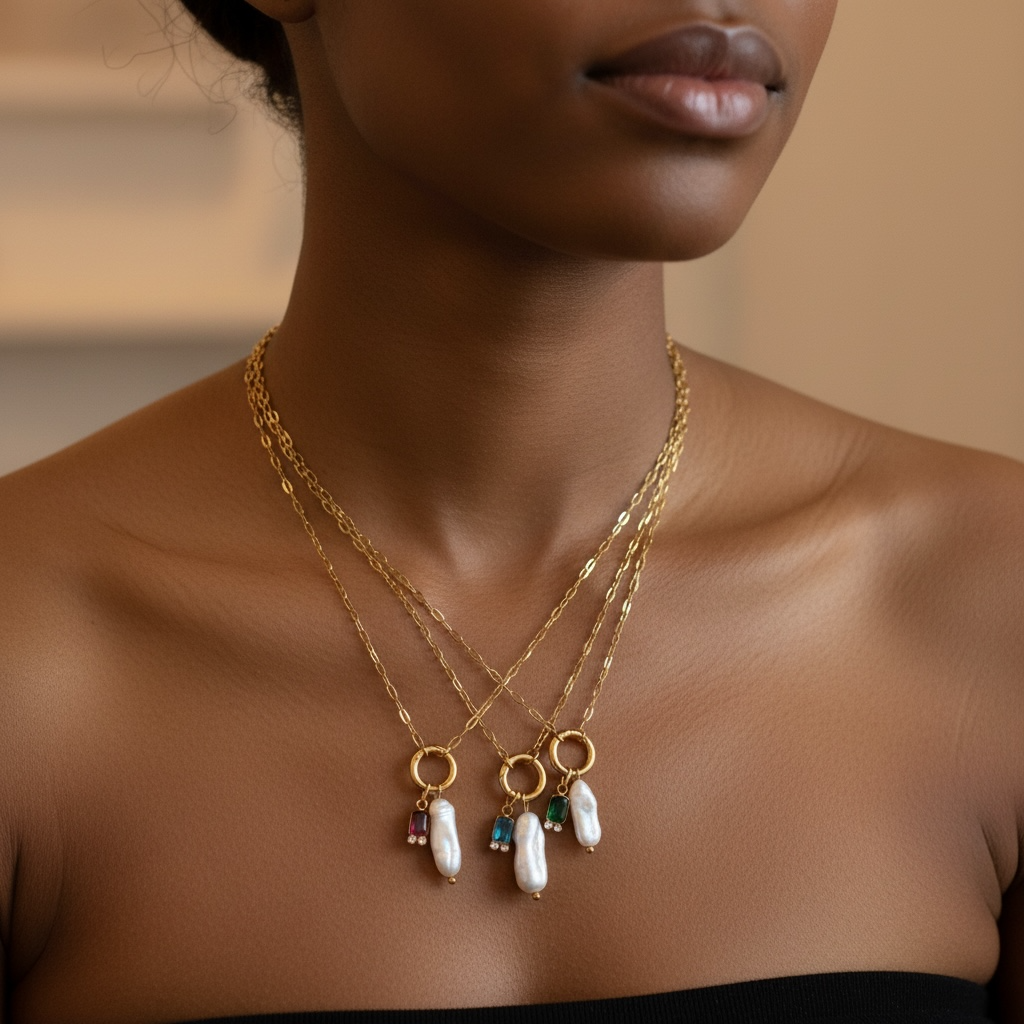 Dainty Chain Pearl & Green Chalcedony Charm