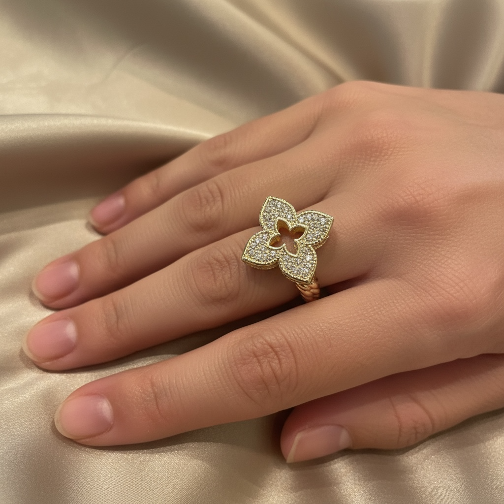 White & Yellow Gold With Cubic Zirconium Clover Ring