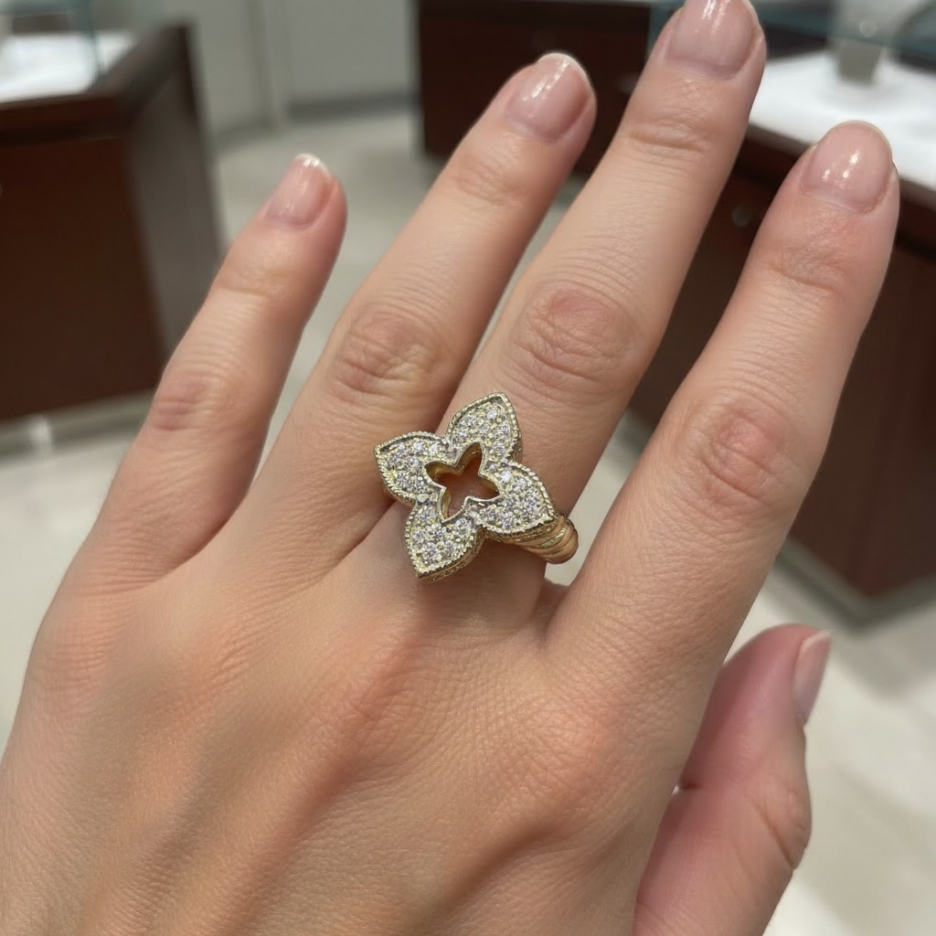 White & Yellow Gold With Cubic Zirconium Clover Ring