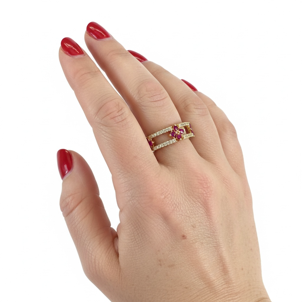 White Cubic Zirconium Double Band with Red Cubic Zirconium Flowers