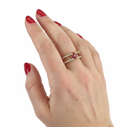 White Cubic Zirconium Double Band with Red Cubic Zirconium Flowers