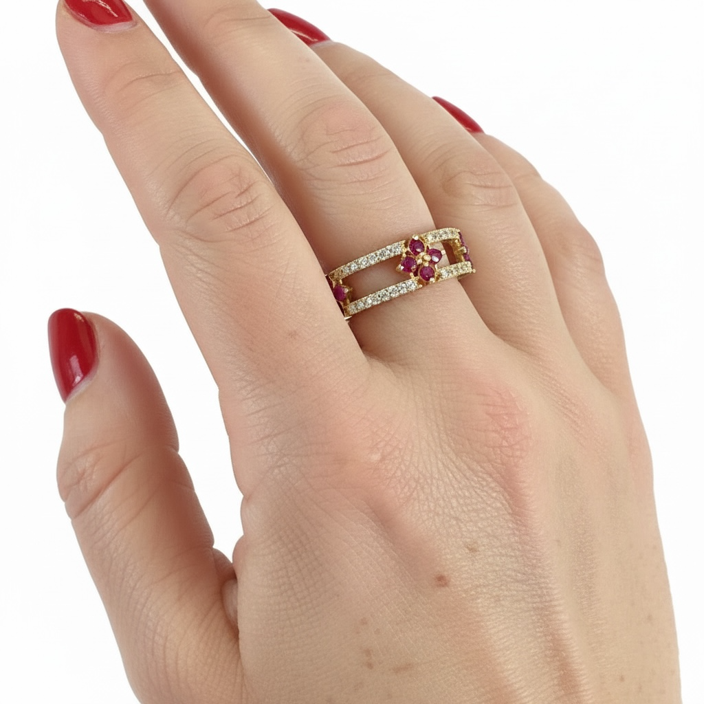 White Cubic Zirconium Double Band with Red Cubic Zirconium Flowers