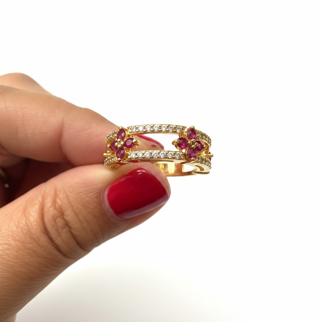 White Cubic Zirconium Double Band with Red Cubic Zirconium Flowers