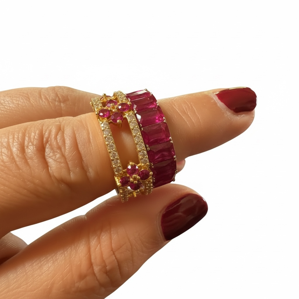 White Cubic Zirconium Double Band with Red Cubic Zirconium Flowers