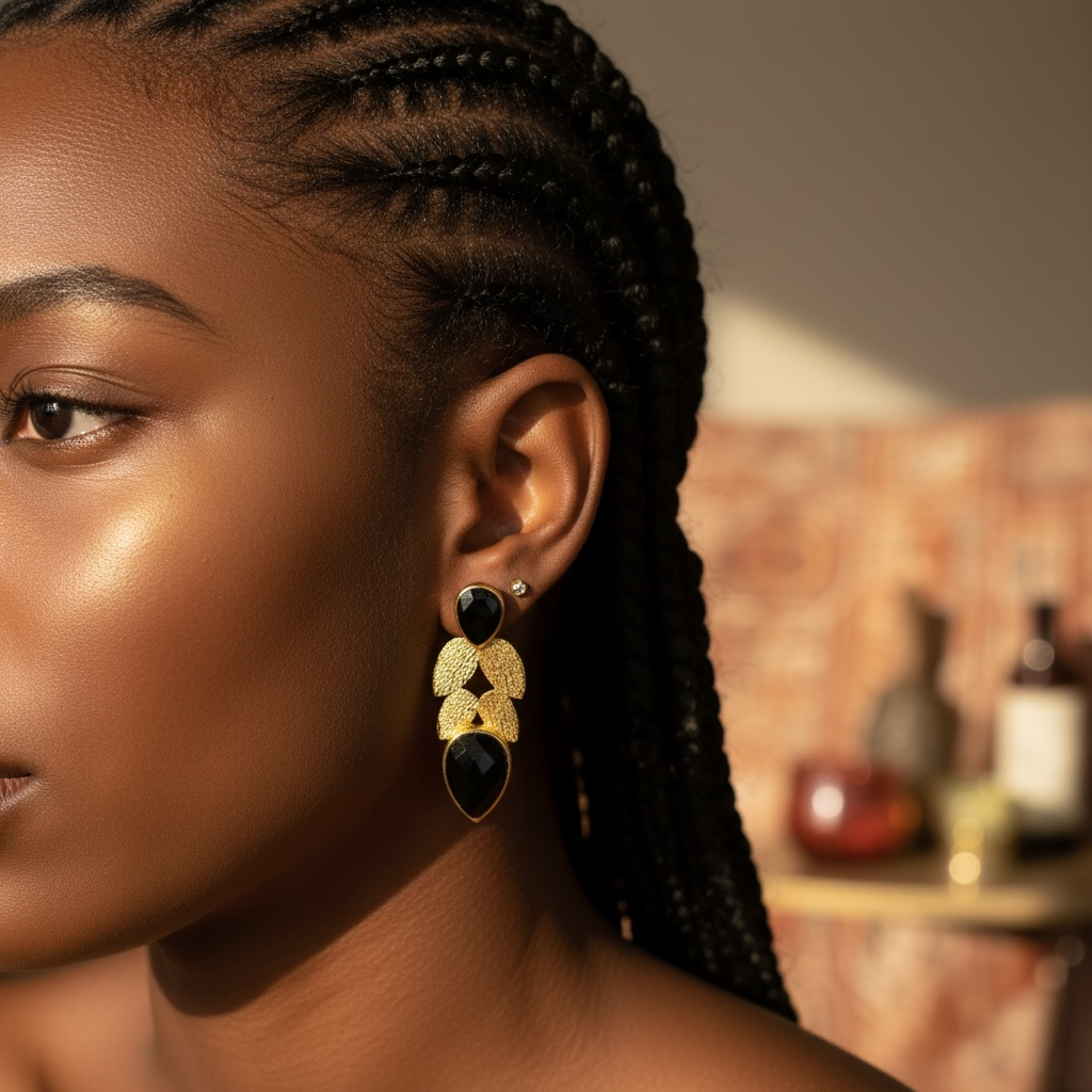 Gold & Onyx Leaf Drop Earrings