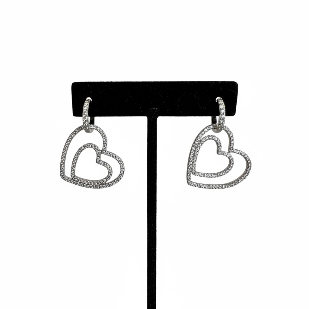 White Gold Double Heart Jacket Earrings