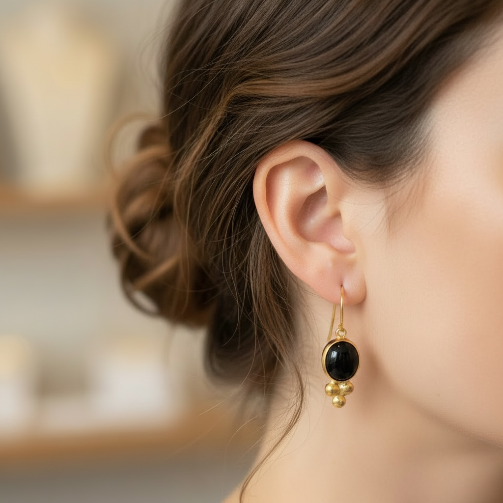Dainty Round Onyx Drop Earrings
