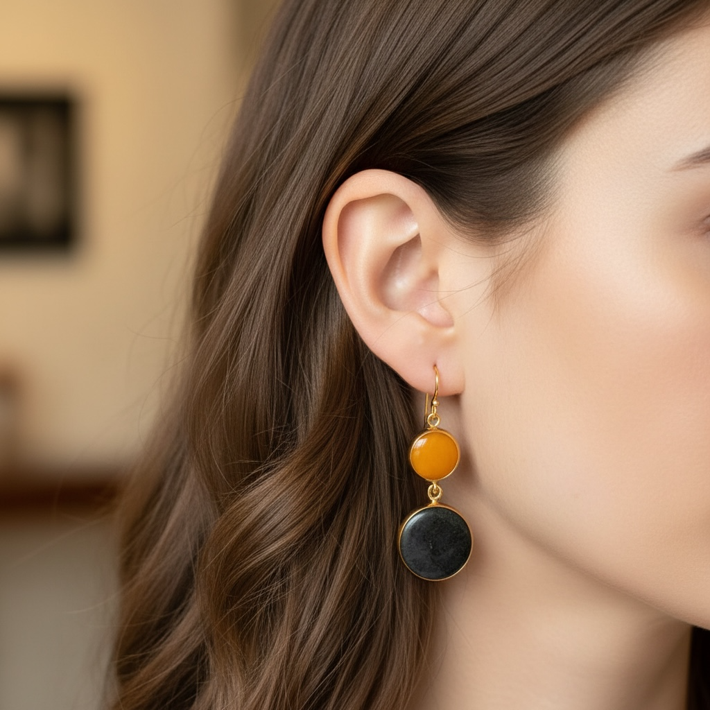 Double Round Light Link and Mustard Yellow Agate Drop Earrings