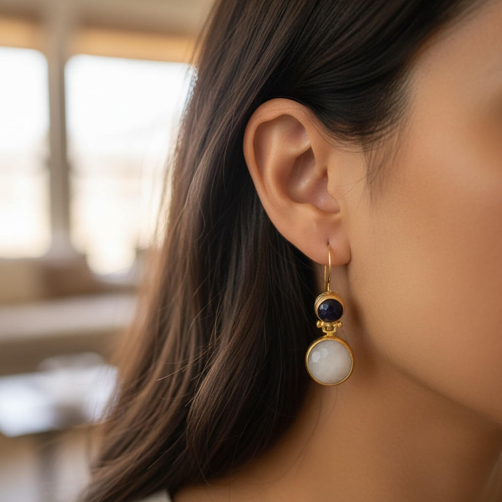 Onyx & Moonstone Round Drop Earrings