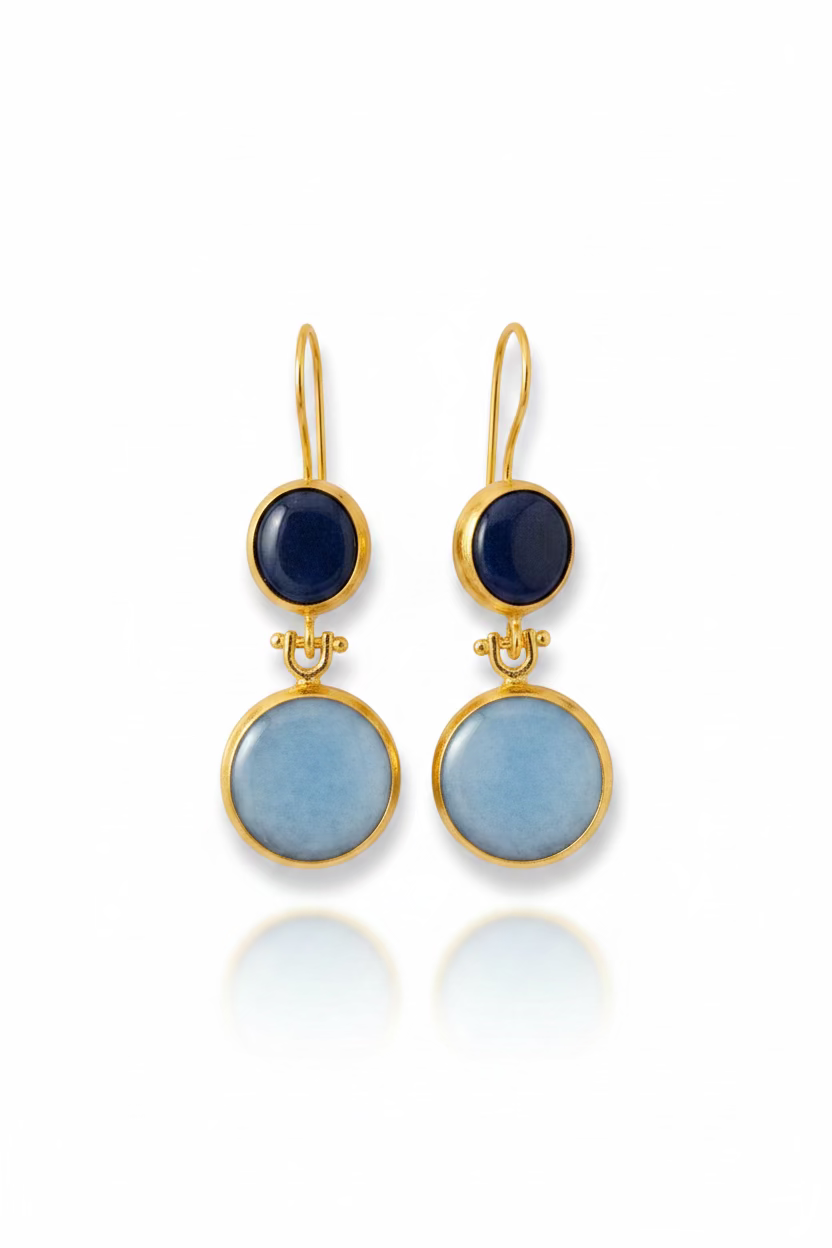Double Round Lapis & Blue Agate Drop Earrings