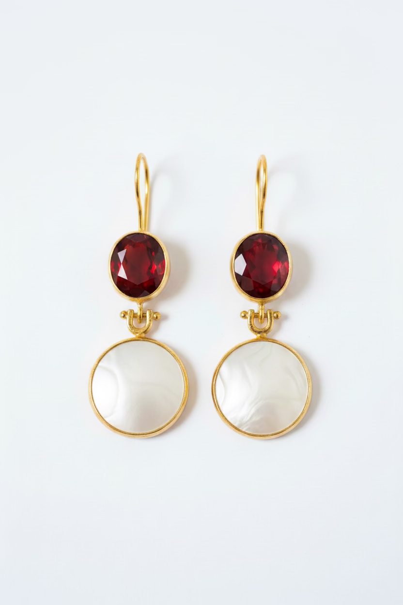 Double Round Red & White Agate Drop Earrings
