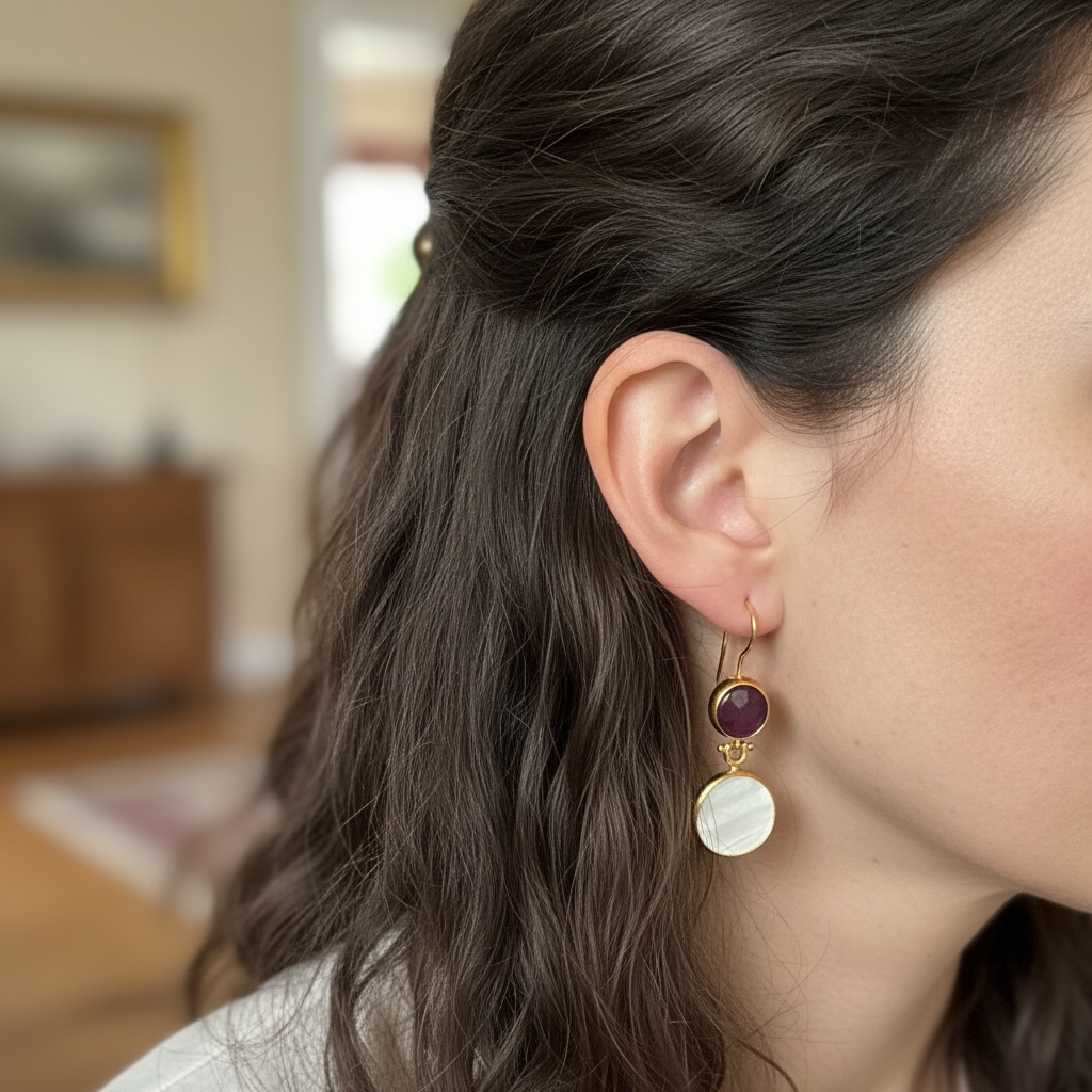 Double Round Red & White Agate Drop Earrings