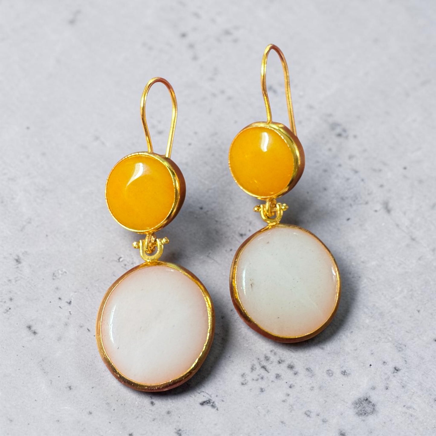 Double Round Light Link and Mustard Yellow Agate Drop Earrings