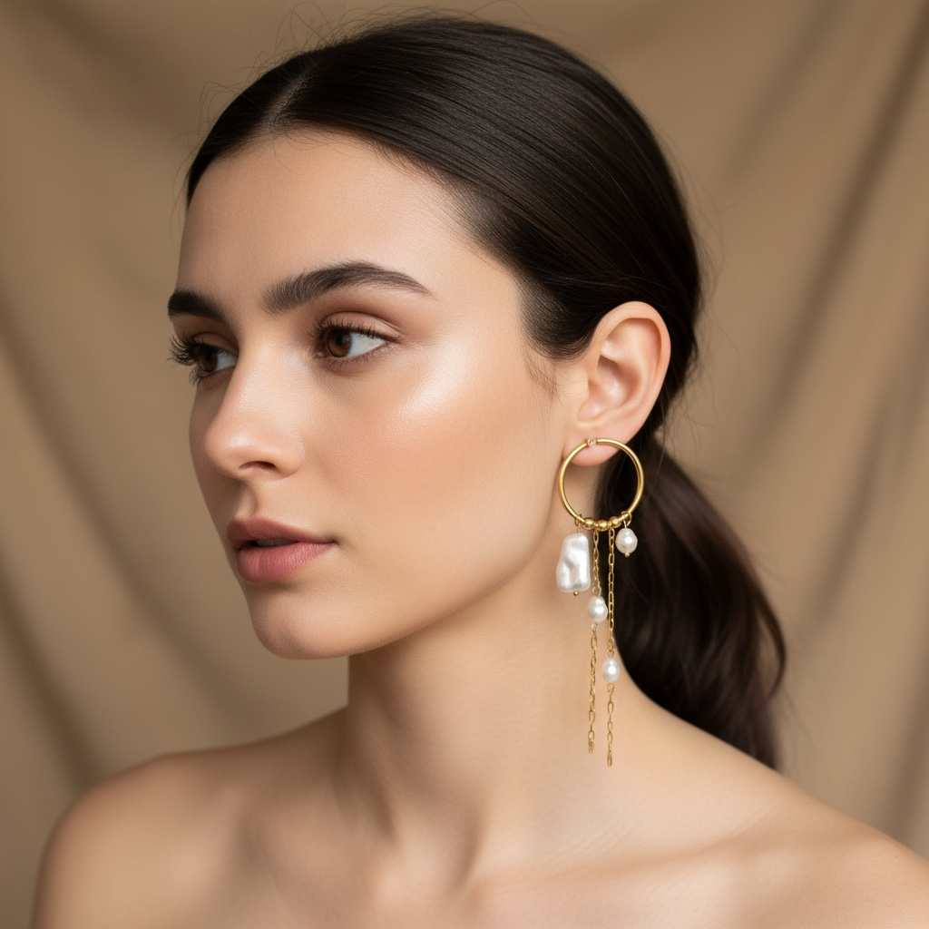 Yellow Gold Vermeil Hoop,Drop Pearls and Chain Earrings
