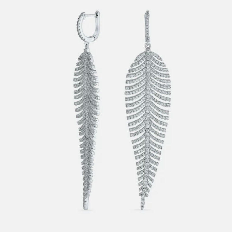 White Gold Vermeil Long Leaf Earrings with CZs